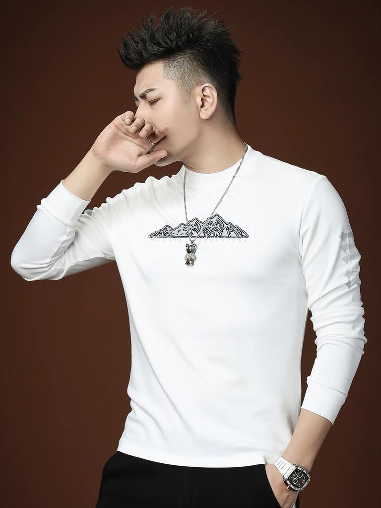 European-Style Men's Long-Sleeve T-Shirt with Lettering and Gold Stamping, 2025 Autumn New Fashion Brand Slim-Fit Top for Men