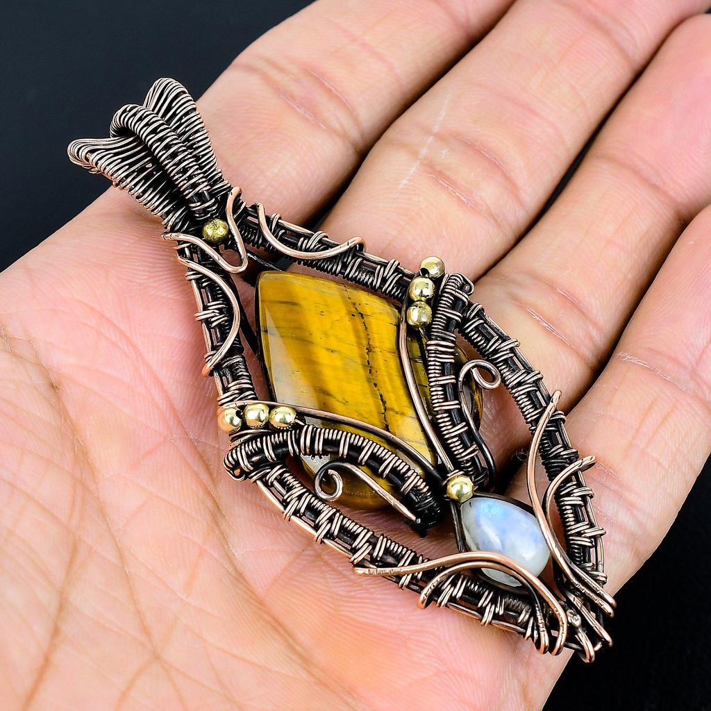 Tiger 's Eye & Moonstone 999 Copper Wire Wrapped Pendant, Handmade Gemstone Tree Of Life Pendant Jewelry, Gifts For Wife Brand New Pendant