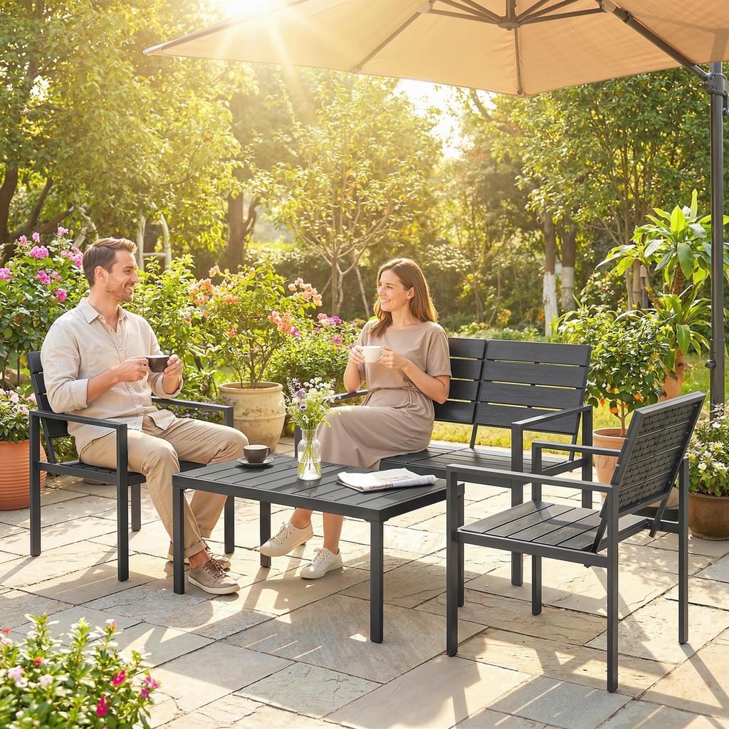 4 Piece Garden Furniture Set Outdoor Sofa Set With HDPE Slatted Loveseat Armchairs Coffee Table Metal Frame Black