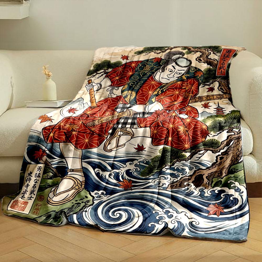 Vintage Japanese Samurai Ukiyo E Red Throw Blanket, Premium Microfiber Blanket for Home, Elegant Fleece Blanket for Guest Rooms
