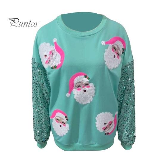 Women Christmas Sweatshirt Sequin Cartoon Pattern Round Neck Long Sleeve Loose Mid Length Pullover Party Holiday Top