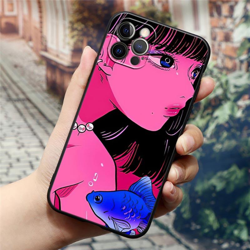 Супер милый чехол для телефона с аниме девушкой для iPhone14 13 12 11 PM Pro Max 8 7 SE XR XS Plus, черный мягкий силиконовый чехол Fundas Coques Shell
