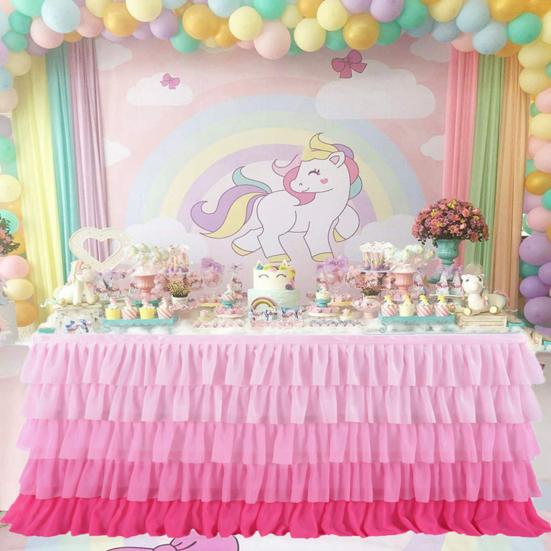 Table Skirt for Rectangle And Round Table Multi-layer Ruffle Reusable Gradient Rainbow Color Beach Parties Ceremony Birthday Party Decoration