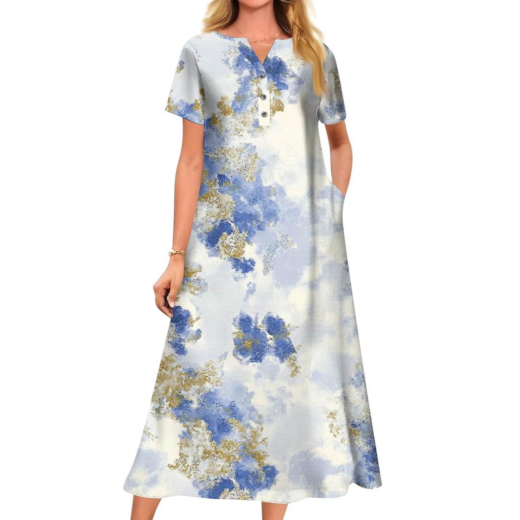 Женское летнее платье свободного кроя с принтом, V-образным вырезом и короткими рукавами