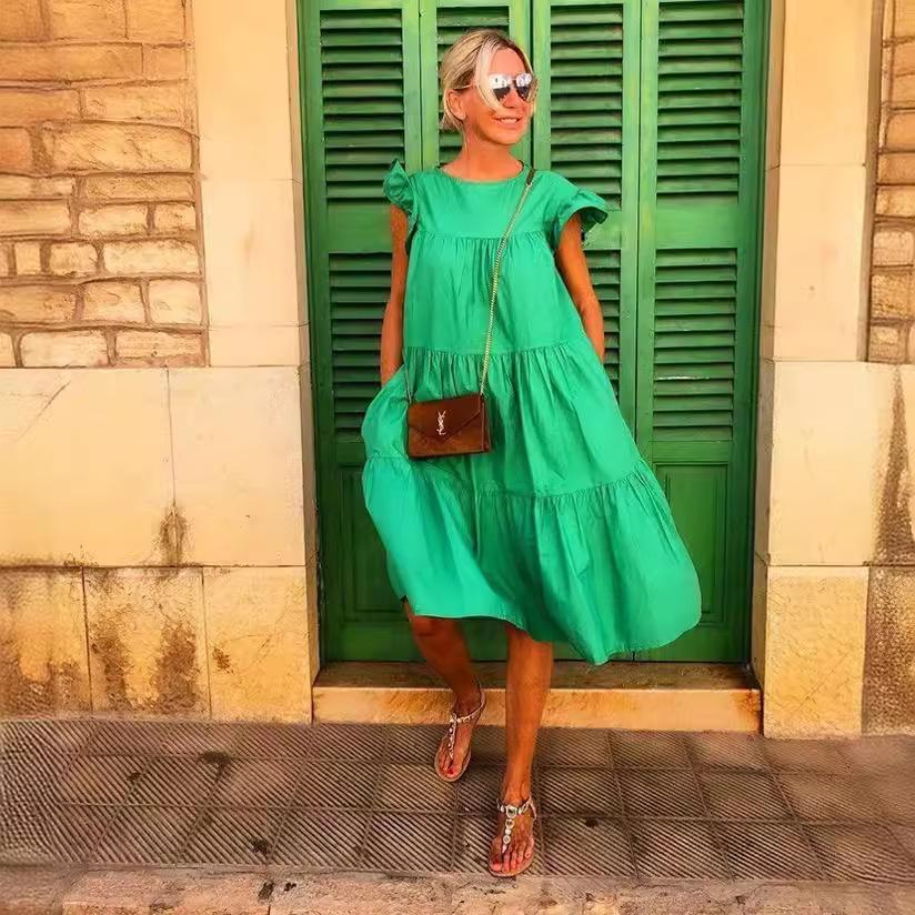 Летнее женское свободное платье с плиссировкой, однотонное повседневное платье-мини