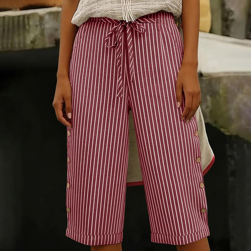Women's Summer Fashion Striped Elastic Waist Five Quarter Pants Casual Loose Pocket Shorts