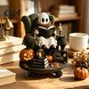 Cute Ghost Figurine Halloween Reading Figurine, Wooden Desktop Ornaments, Vintage Handmade Seasonal Ornaments Statue with Stand for Home Tabletop
