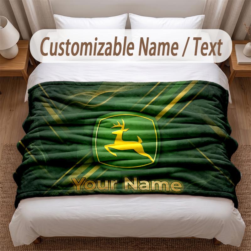 John Deere Printed Flannel Blanket Custom Name Text Soft Warm Throw For Bedroom Holiday Gift