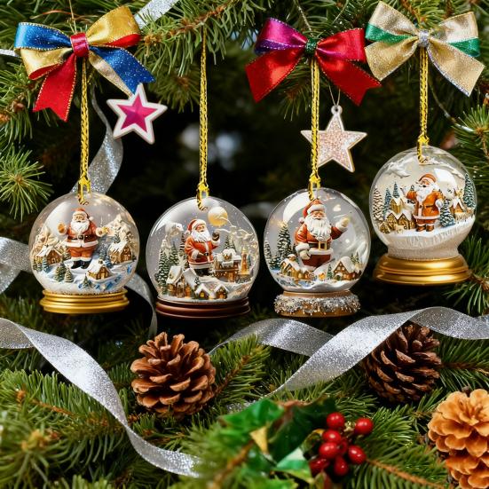 4Pcs Christmas Santa Glass Ball Ornament Winter Holiday Party Xmas Tree Hanging 2D Acrylic Santa Claus Snow House Ball Decoration