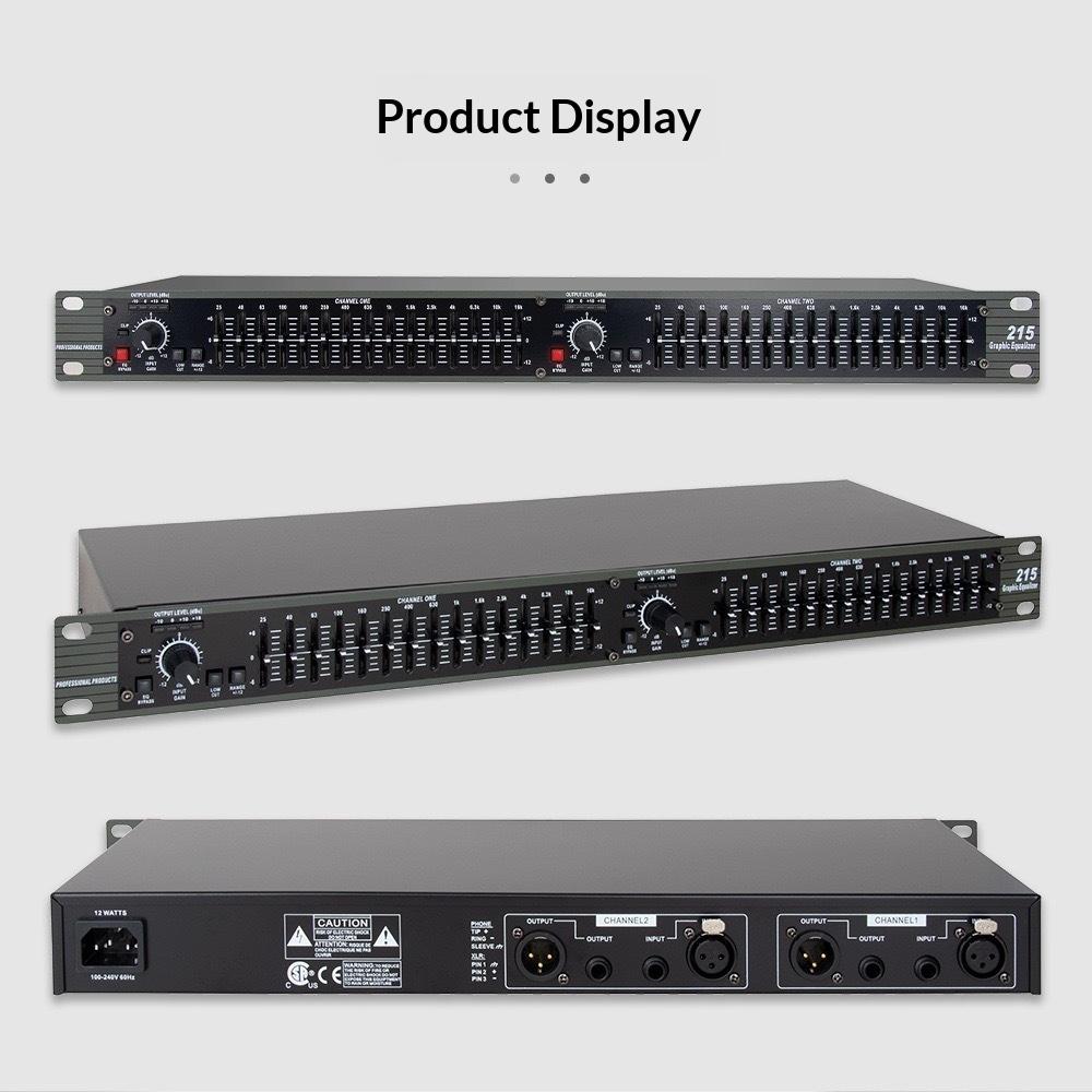 215 Professional Graphic Equalizer - 15-Band Dual Channel EQ with ±12dB Boost/Cut, 40Hz Low Cut, LED Meter for Stage PA System