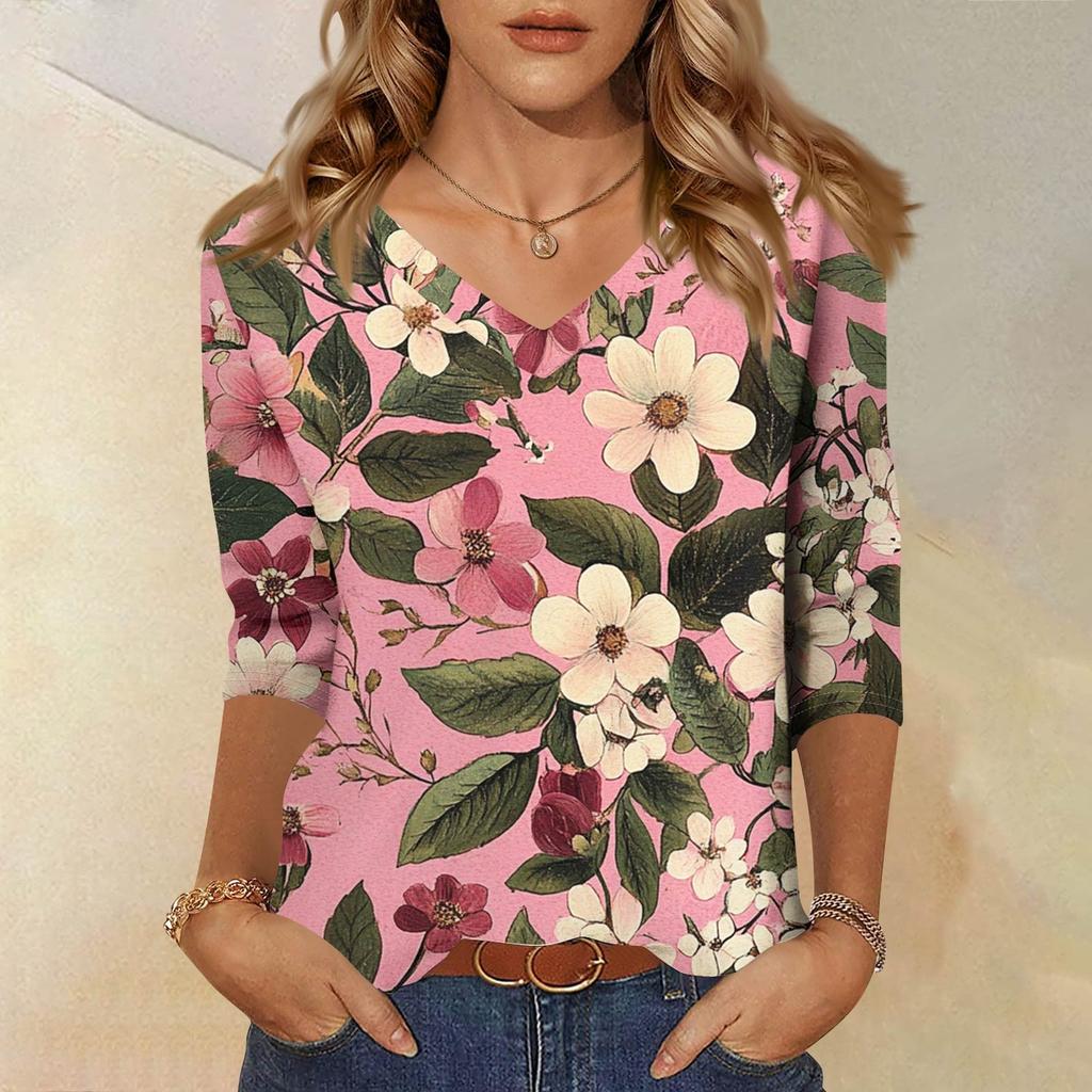 Женские топы, рубашка с рукавом три четверти, свободная повседневная рубашка с V-образным вырезом, футболка с цветочным принтом