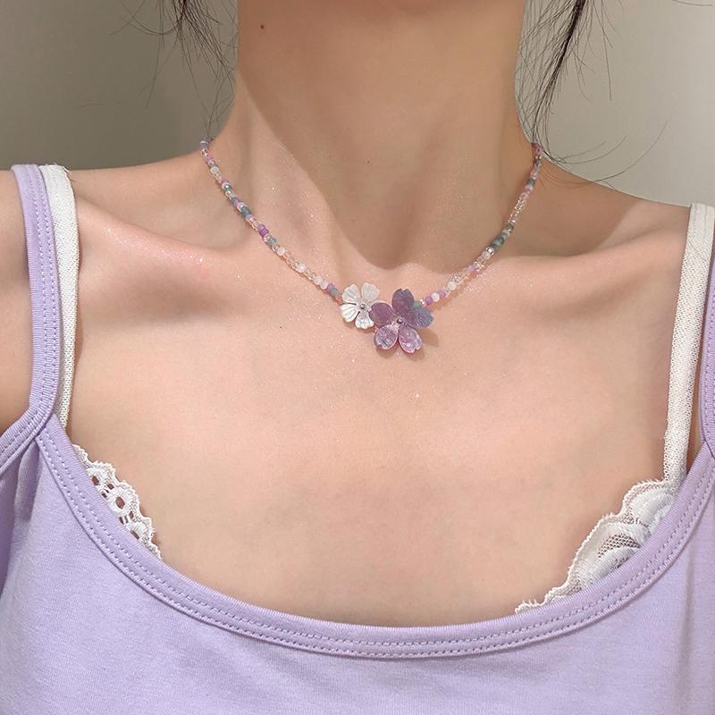 Purple Flower Crystal Bead Necklace Colorful Mixed Glass Beads Gentle Exquisite High-End Sweet Necklace Women's Jewelry Gifts