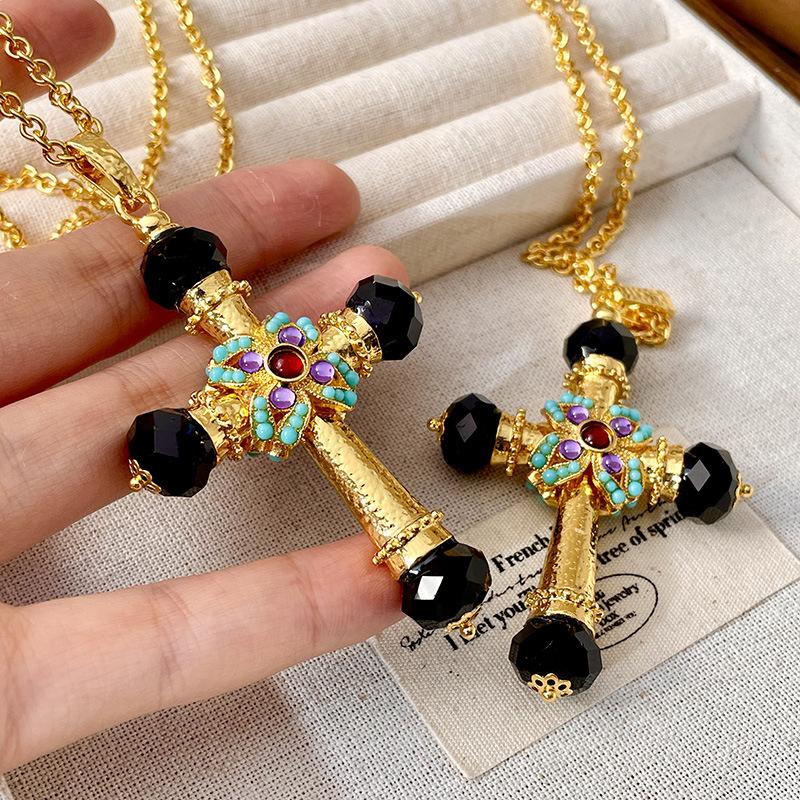 Medieval Turquoise Sparkling Diamond Inlaid Sweater Chain Double Sided Cross Crystal Necklace Female