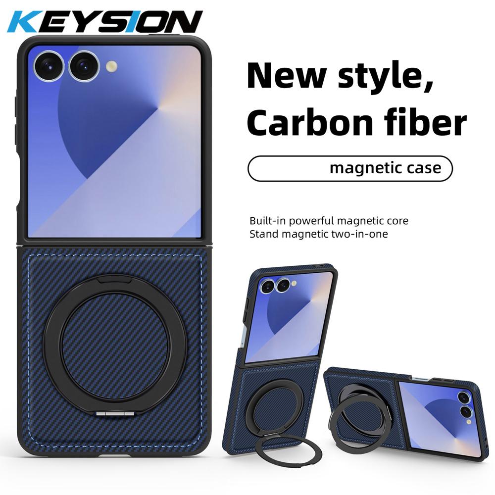 KEYSION Чехол с текстурой углеродного волокна для MagSafe для Samsung Galaxy Z Flip 7 FE 6 5 4 3 5G, вращающееся на 360° магнитное кольцо, чехол для телефона