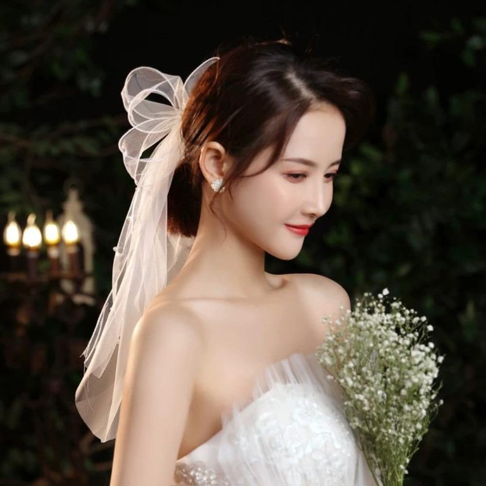 Марлевая Свадебная Фата Многослойная Фата с Жемчугом и Бантом Романтическая Белая Свадебная Фата из Тюля Свадебное Платье