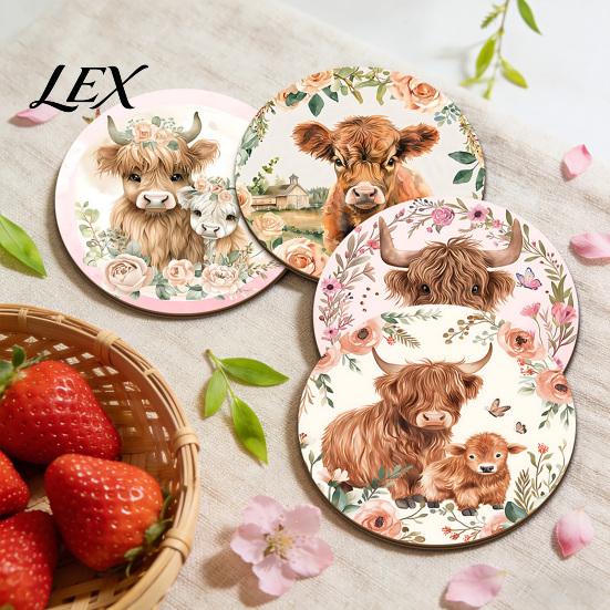 Heat Resistant Cork Cup Mats Highland Cow Coasters, Cute Floral Farmhouse Drink with Animal Theme Kitchen Decor Non-Slip Base, Table Protector