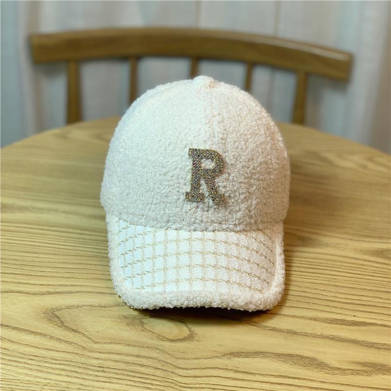 Rhinestone R label hat female face small winter warm baseball cap versatile fashion foreign style cap ins tide