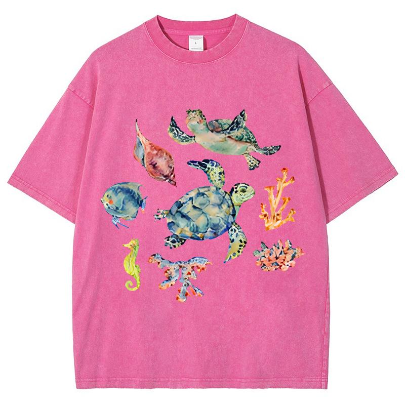 Turtle Seahorse Print Vintage Distressed T-Shirt Unisex Loose Short Sleeve Oversized Cotton Crew Neck Top Pullover