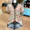 Europe, America 1116 summer new contrasting color fungus edge V-neck flower print top casual short-sleeved shirt