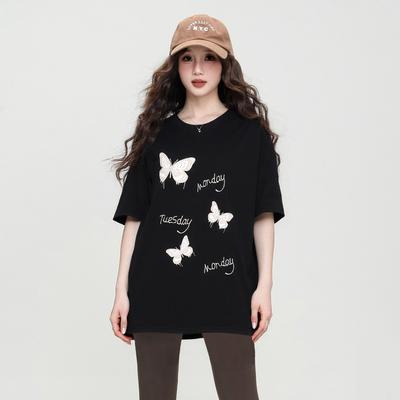 Summer Butterfly Print Loose Short Sleeved Versatile College Style Fashionable Women's T-shirt Top