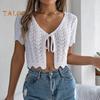Women Crochet Tops Short Sleeve Lace-up Hollow Design Knitting Tops Sun Protection Summer Vacation Tops