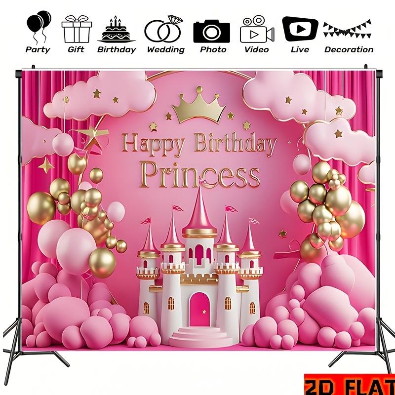 2D plane, 1 pink princess birthday banner, golden balloons, stars and castles - girl party decoration, room, garden