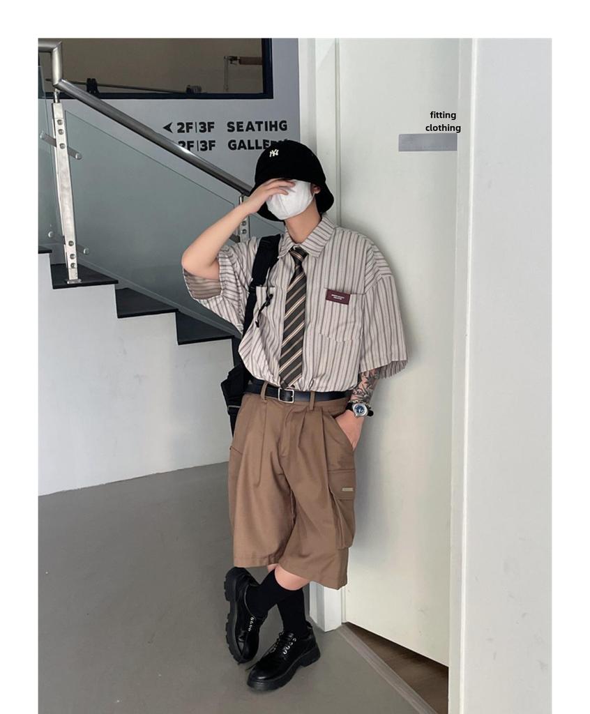 2023 Лето унисекс японский ретро полосатый лацкан короткий рукав модная рубашка