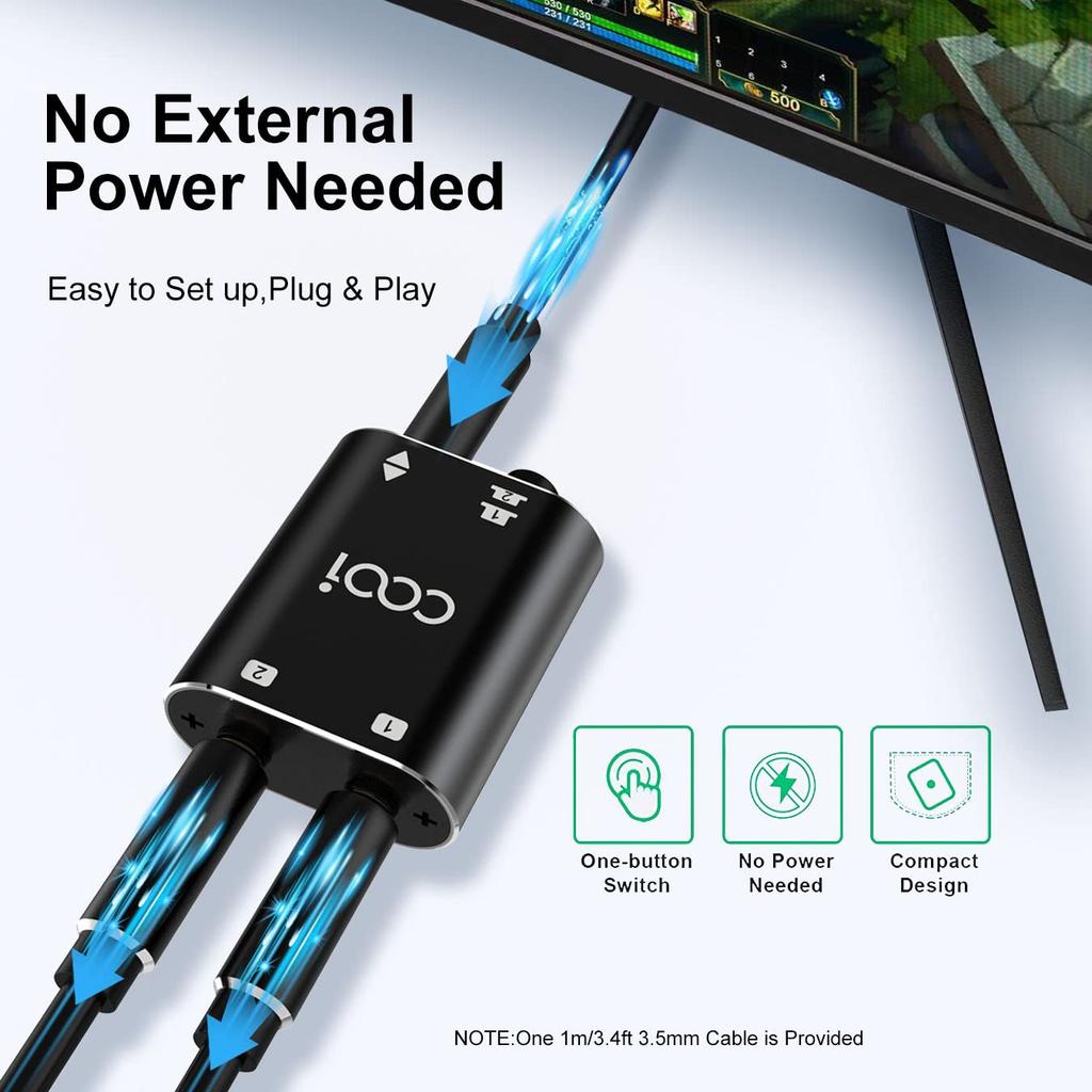 The COOIDEA Stereo Audio along with a audio supports 1 input 2 output or 2 input 1 and is a AUX audio speaker selector for mobile and 3.5mm Switcher,