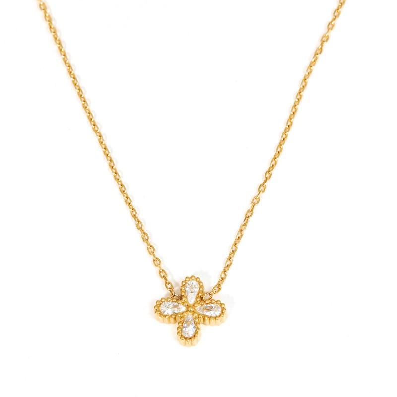 Stainless Steel Zircon Flower Jewelry Set Gold Plated Necklace Bracelet Women