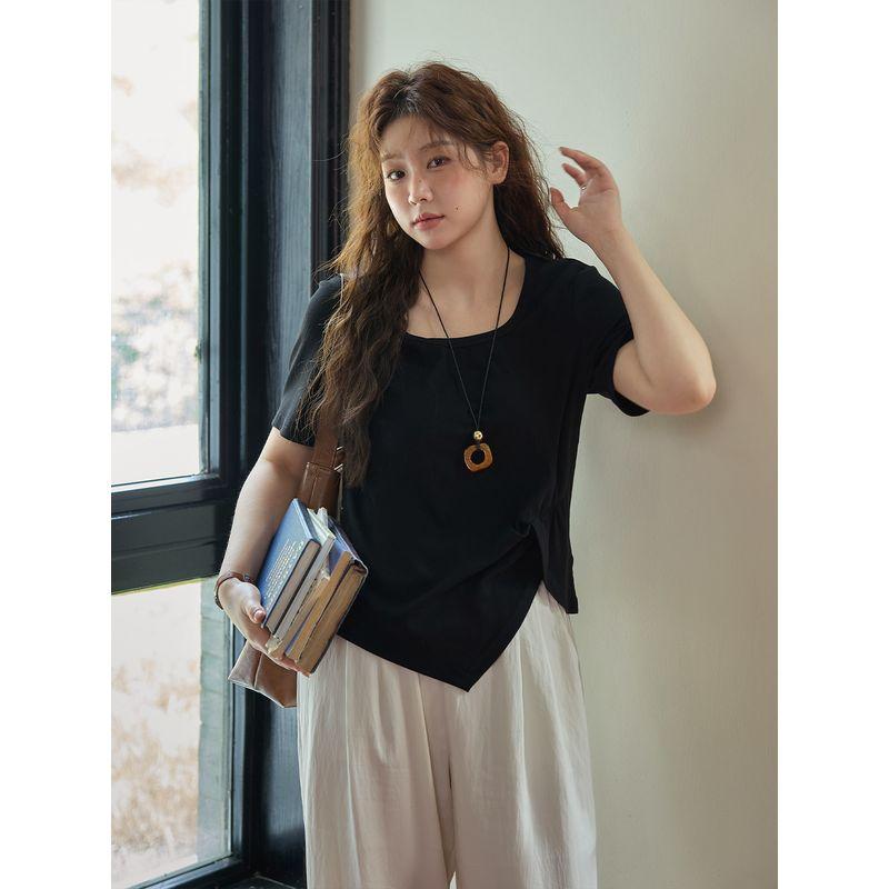 Xiao Li Plus Size Women's Clothing Slim Looking 5.00kg! Belly Covering Crimp Irregular Slit U Collar Shoulder Short Sleeve T-shirt Female Summer