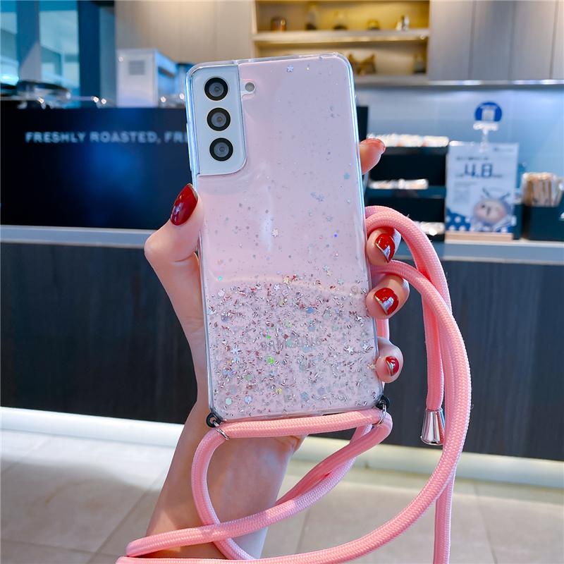 Glitter Phone Case For Samsung Galaxy A14 A36 A33 A53 A73 A52 A54 A56 A34 A16 A15 A55 S25 Cover Crossbody Necklace Lanyard Strap
