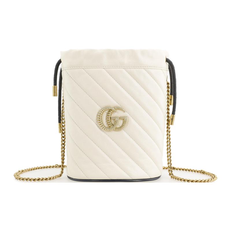 Gucci crossbody bag GG Marmont distressed Marmont gold label logo color-blocked piping drawstring quilted chain cowhide shoulder mini women's white