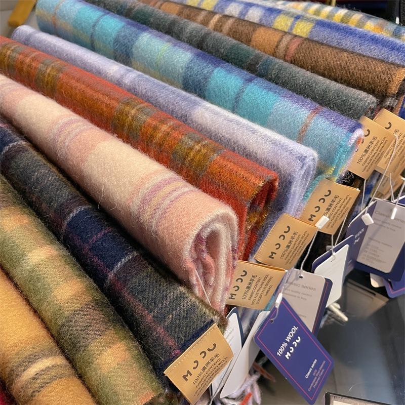 Scarf Women's Winter Versatile Thickened Warm Scarf Pure Wool Yellow Plaid Scarf Shawl Dual-purpose