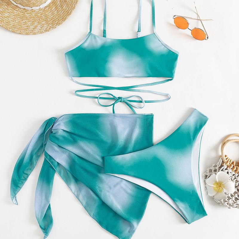 Swimsuit Women's Split Three Piece Set Tie Dye Lace Up Sexy Bikini Sets For Female Halter Drawstring Swimwear