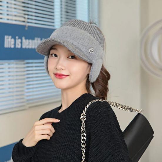 Женская зимняя шапка с пустым верхом, защита ушей, короткие поля, толстая плюшевая вязаная кепка с козырьком, украшение в виде букв со стразами, эластичный повседневный головной убор