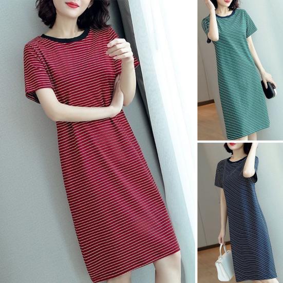 Women Casual Striped Middle Dress Short Sleeve Loose Round Neck Summer Lightweight Comfortable Office Beach Dress
