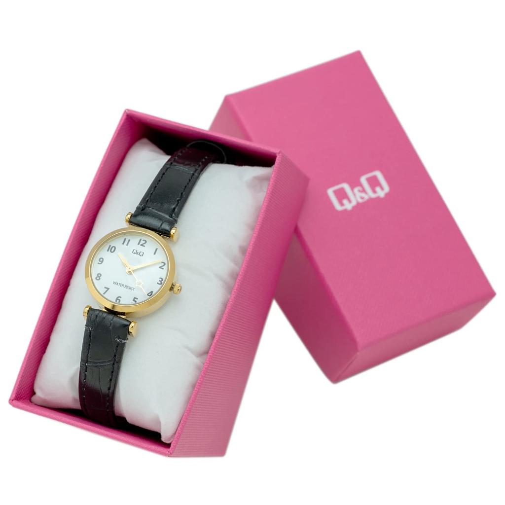 [Citizen Q&Q] Q03A-002PK Женские Аналоговые Часы, Звездная Секундная Стрелка, Сферическое Стекло, Водонепроницаемые, Кожаный Ремешок, Черный