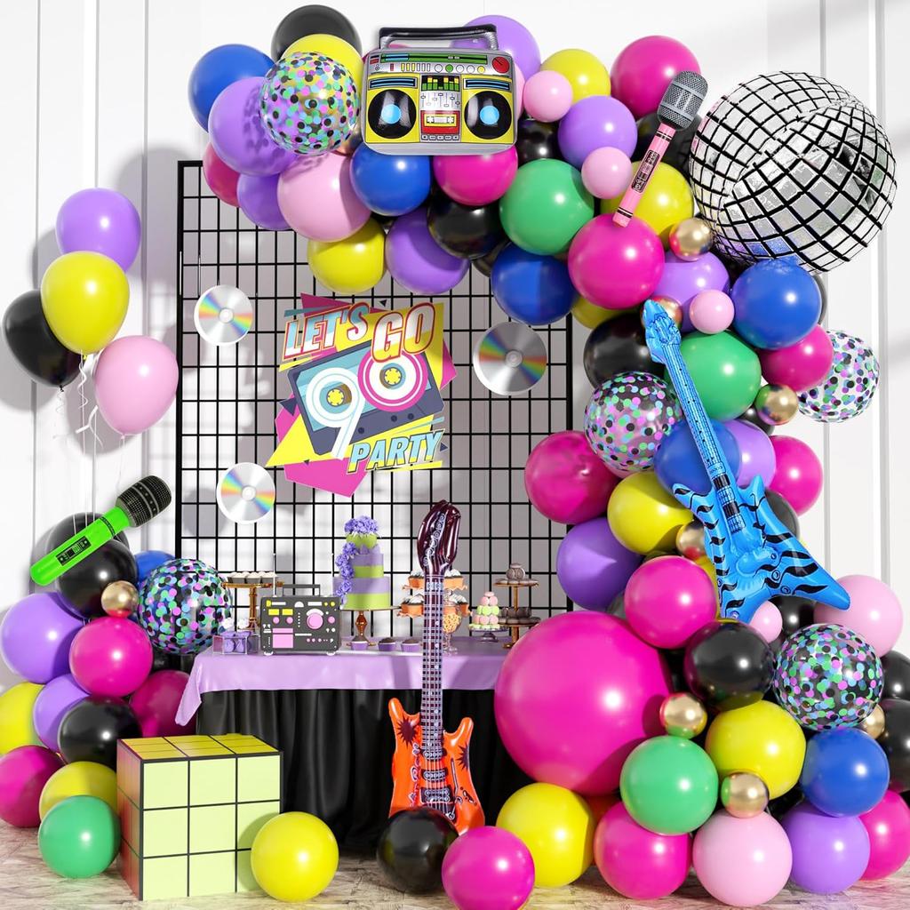 80s 90s Theme Party Decorations Retro Rock Music Balloon Garland Arch Kit with Rainbow Balloons Disco Ball Boombox Bass Guitar Microphone Foil