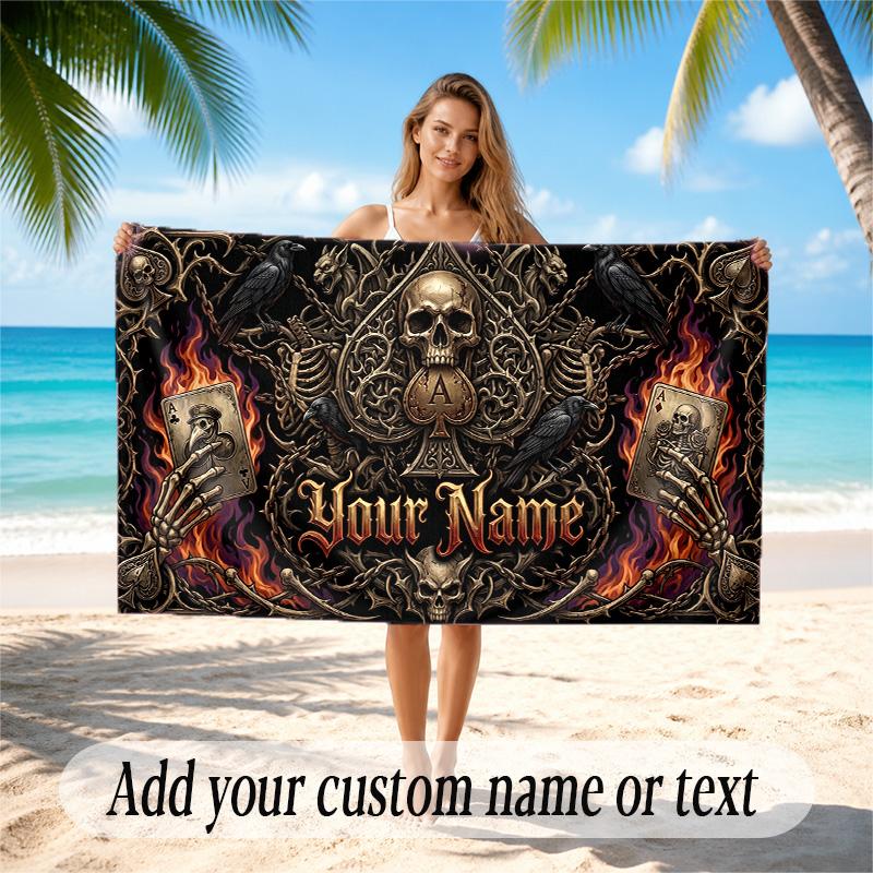 Skull Gothic Theme Quick Dry Beach Towel Custom Name Text Print Large Sand Resistant Towel Beach Vacation