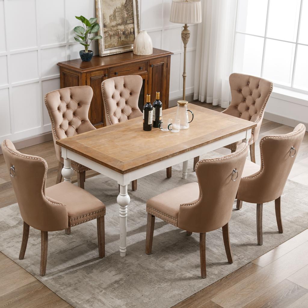 Dining Chair (Kitchen Chair with Unique Door Knocker on the Back, 6 pcs), Upholstered Chair with Nailhead Trim, Solid Wood Legs, Velvet Cover, Brown