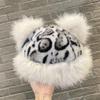 Manufacturer retro leopard print ears plush Mongolian hat thickened warm imitation fur ear protection hat customization