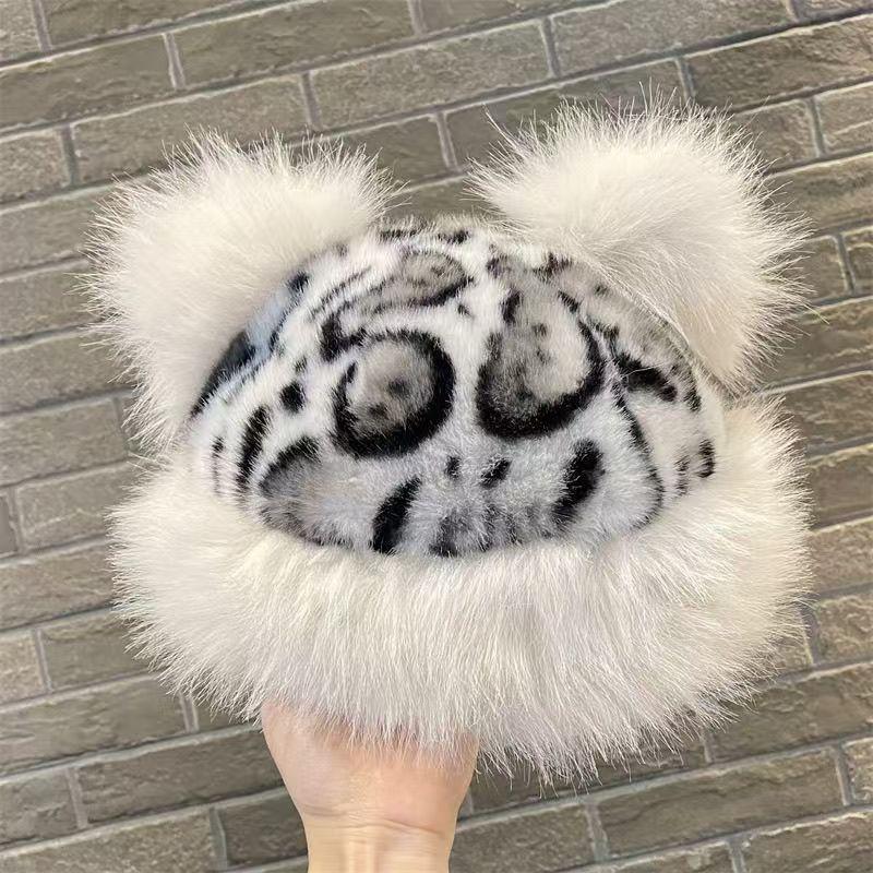 Manufacturer retro leopard print ears plush Mongolian hat thickened warm imitation fur ear protection hat customization