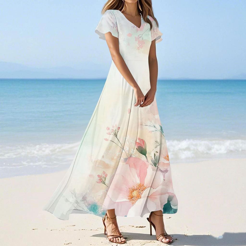 Женское летнее повседневное модное платье с цветочным принтом и V-образным вырезом с коротким рукавом