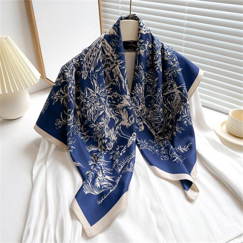 Ink Painting Silk Scarf 90cm Twill Scarves Large Square Sunscreen Shawl Headscarf for Women Hijab Luxury Bufanda Foulard