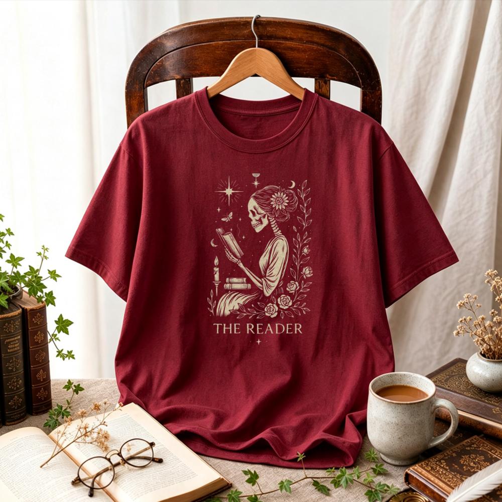 Women The Reader Skeleton Reading Book Floral Moon Star Graphic TShirt Book Lover Tee Vintage Witchy Academia Gothic Casual Top