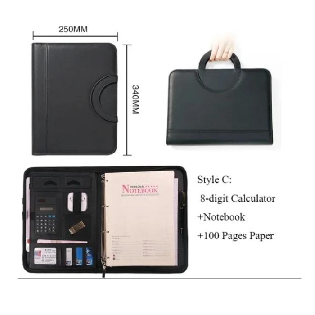 PU leather A4 zipper calculator binder conference file pad folder briefcase tablet portable circular handle file bag