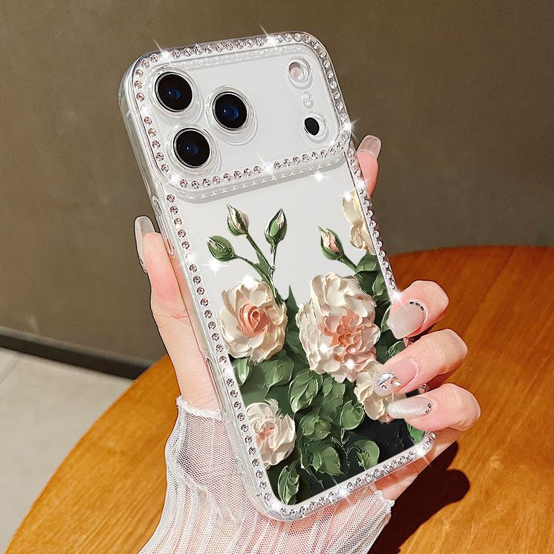 Противоударный чехол из ТПУ с цветочным принтом для iPhone 17 Pro Max 16e 16 15 14 13 15 Pro 17 ТПУ Блестящий бриллиант Мягкий силиконовый чехол для телефона