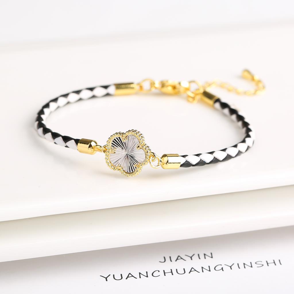 Классический плетеный браслет с натуральными камнями и подвеской «Пятилистник» из натуральной кожи для женщин, девушек, на вечеринку, свадьбу, ювелирный подарок