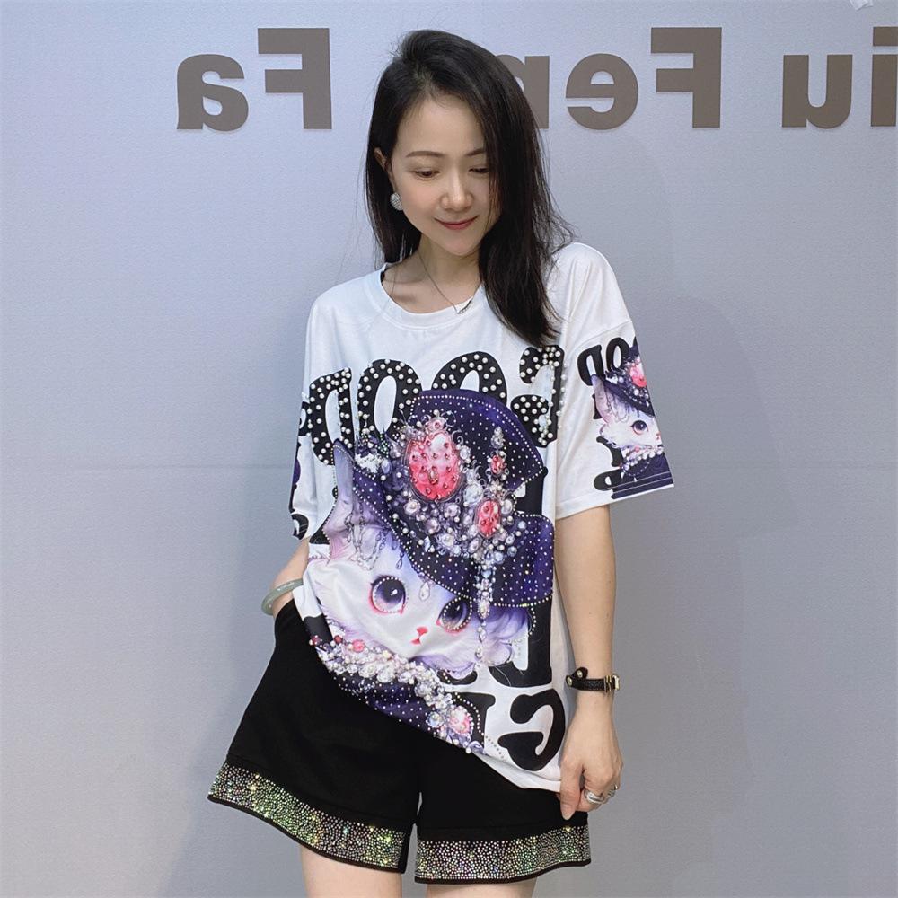 Модные футболки с принтом для женщин Летняя одежда Повседневный 3D мультяшный узор Горячие бриллианты Бисероплетение Женские топы с коротким рукавом Футболка