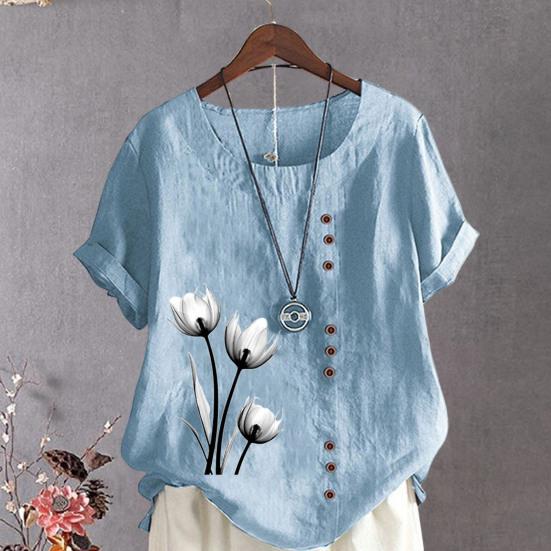 Женская летняя футболка с короткими рукавами и круглым вырезом, пуловер с пуговицами, декор с цветочным принтом, винтажный стиль, женский топ